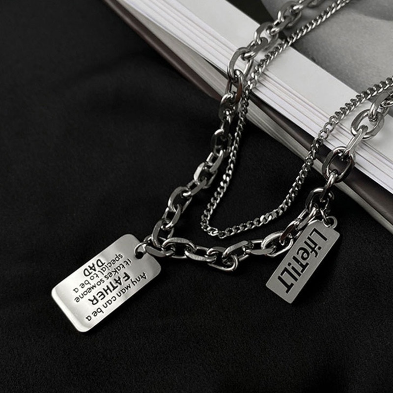 Dây chuyền hai lớp chồng lên nhau mặt tag họa tiết chữ cái dễ phối đồ phong cách retro hip hop đường phố 19501