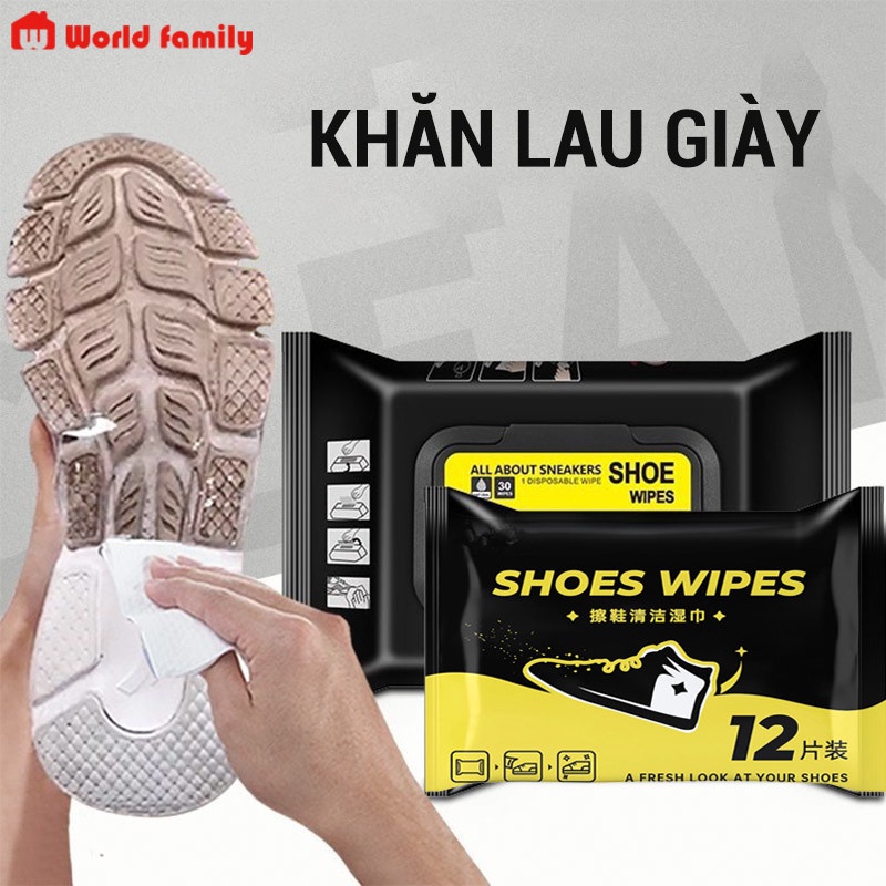 Khăn lau giày vàng SHOES WIPES đen (12 khăn) - Khăn giấy ướt đa năng làm sạch vết bẩn trên giày