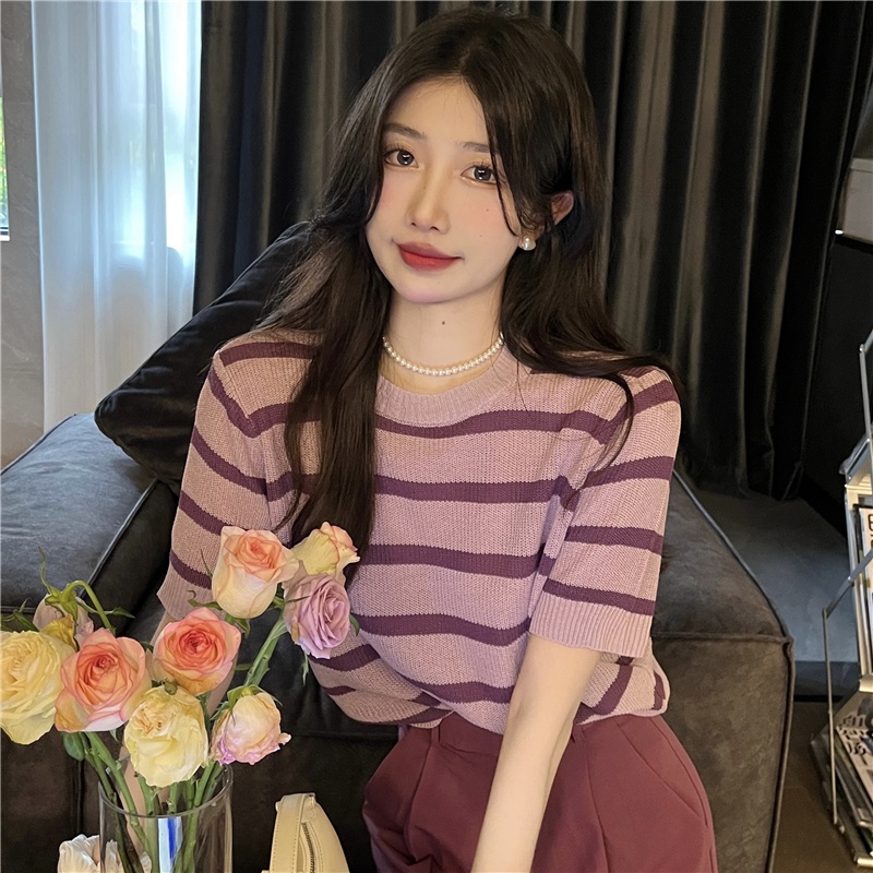 Áo kiểu ZHELIHANGFEI dệt kim tay ngắn cổ tròn dáng rộng kẻ sọc ngang trẻ trung hợp thời trang