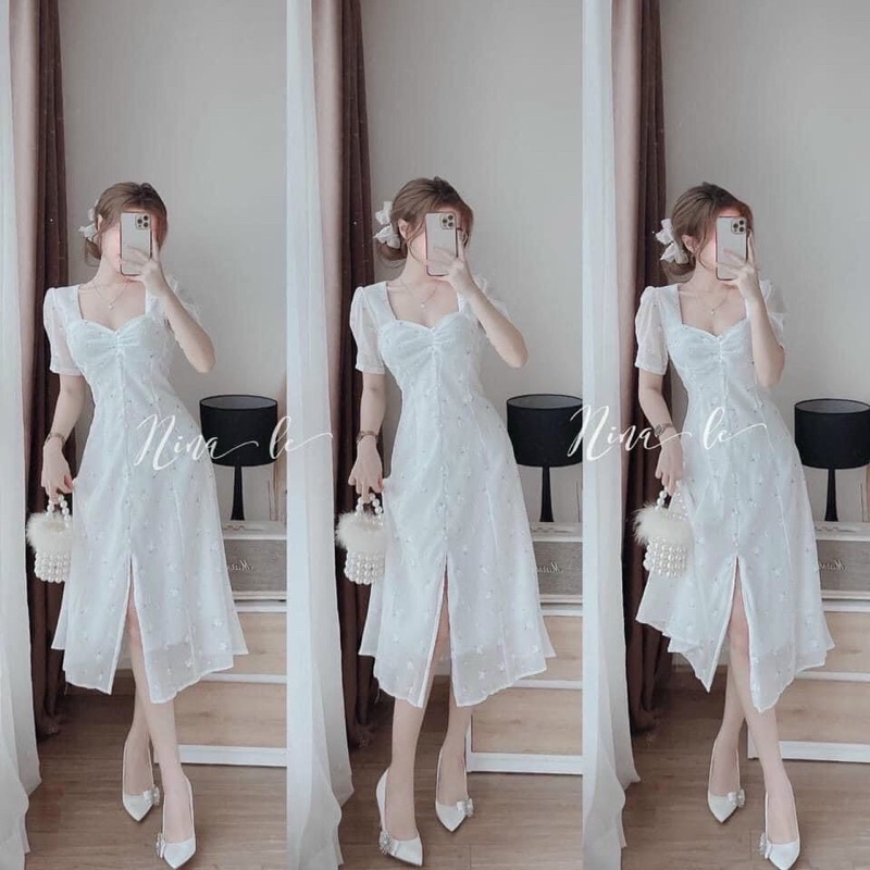 ĐẦM MIDI HOA TRẮNG NHÍU NGỰC PHỐI NÚT NGỌC🤍🤍 ✨LOTUS SHOP✨ lvs