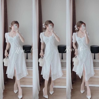 Đầm midi hoa trắng nhíu ngực phối nút ngọc🤍🤍 ✨lotus shop✨ lvs