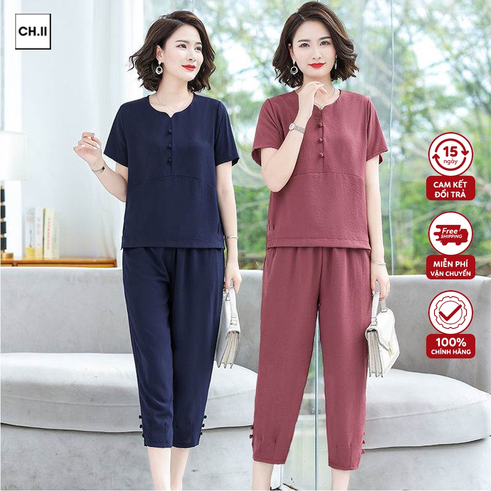Bộ đồ hè trung niên chất đũi nhăn cao cấp tay cộc quần lửng, khuy nút cách điệu thoáng mát mã BD04
