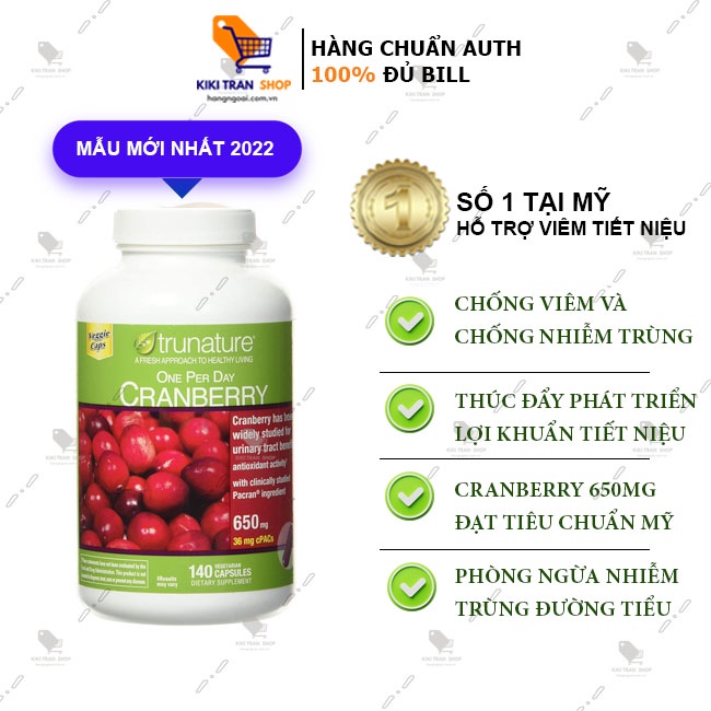 Viên uống hỗ trợ viêm đường tiết niệu Trunature Cranberry 650mg, hộp 140 viên chính hãng Mỹ, chống oxy hóa cao