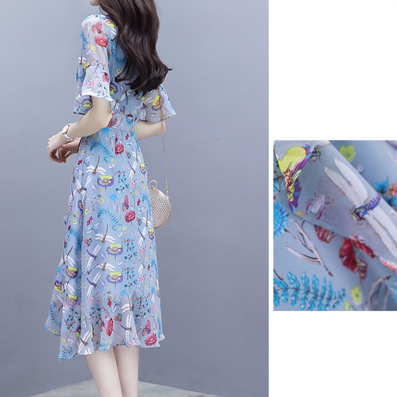 Đầm Midi Dáng Chữ A Tay Loe Cổ Chữ V In Họa Tiết Hoa Thời Trang Xinh Xắn Cho Nữ