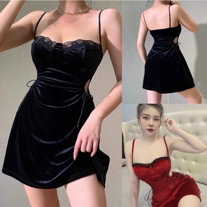 Đầm Hai Dây Nhung Khoét Eo Cực Sexy -D91B-