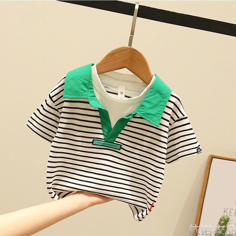 Áo Thun POLO Giả Hai Mảnh Tay Ngắn Cổ Bẻ Kẻ Sọc Thoáng Khí Thời Trang Mùa Hè Dành Cho Bé 0602