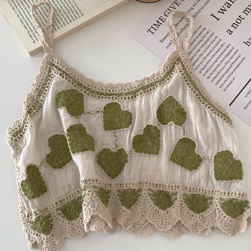 Áo Croptop Chất Liệu Cotton Lanh Thêu Họa Tiết Trái Tim Thời Trang Đi Biển Cho Nữ