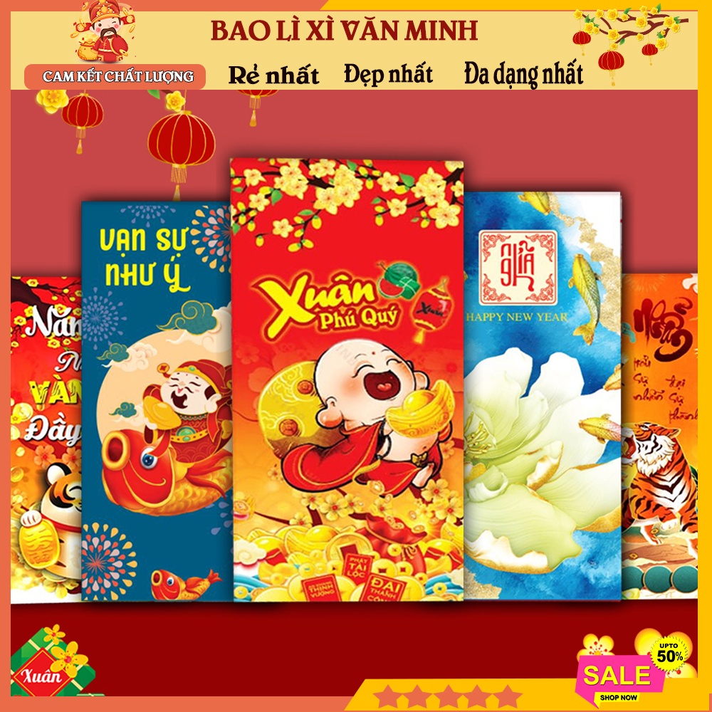 Combo 300c Bao Lì Xì 2022 Giá Sỉ Rẻ Tết Độc Lạ Màu Đỏ Đẹp Hoạt Hình Nhâm Dần Cute Dễ Thương Thần Tài - Tặng túi chia lẻ