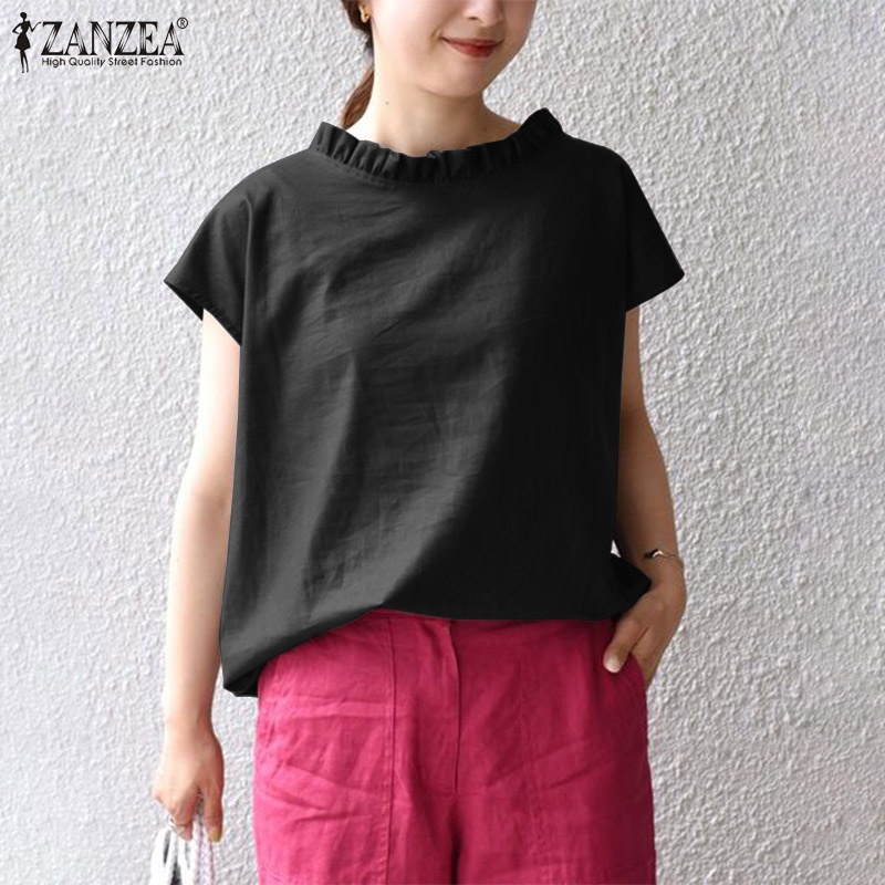 Áo ZANZEA tay ngắn màu trơn thời trang dành cho nữ