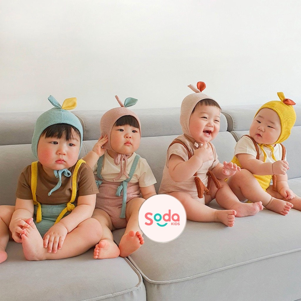 Bộ quần yếm đùi em bé tặng kèm mũ lá cute size 5 đến 13kg