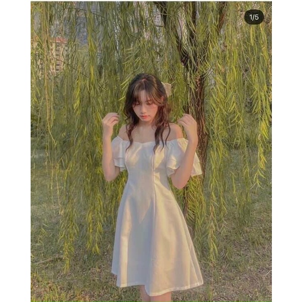 Váy trễ vai 🌸 Váy tiểu thư màu trắng bánh bèo bồng bềnh công chúa ômdáng style ullzang dành cho nữ. MET SHOP 1989