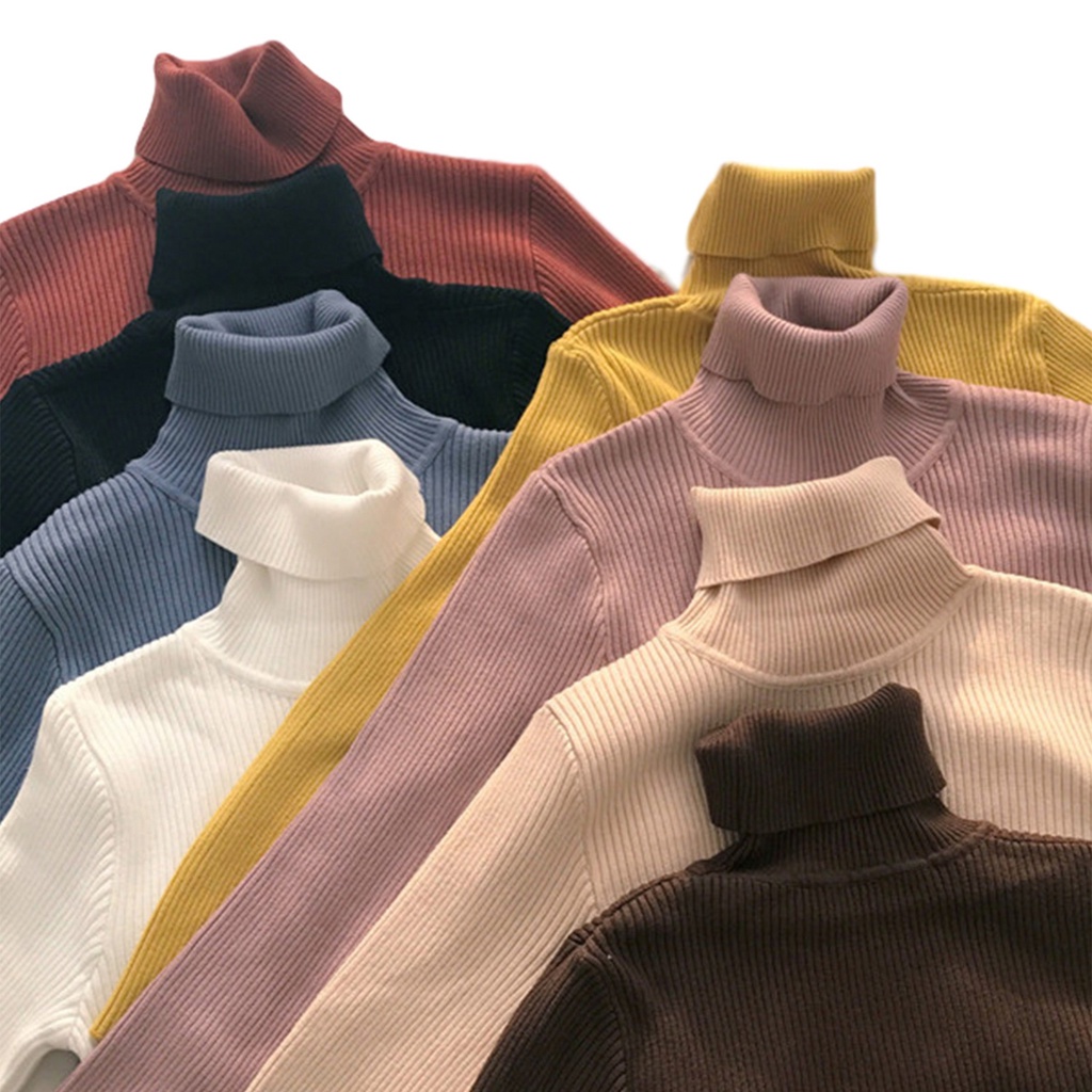 Áo dệt kim tay dài cổ lọ màu trơn thanh lịch