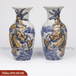 Lọ hoa thờ/ Lọ cúng/ Bình hoa bàn thờ Gốm sứ Men rạn Bát Tràng Đắp Nổi