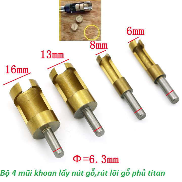 Bộ 4 mũi khoan lấy nút gỗ_chốt gỗ phủ titan