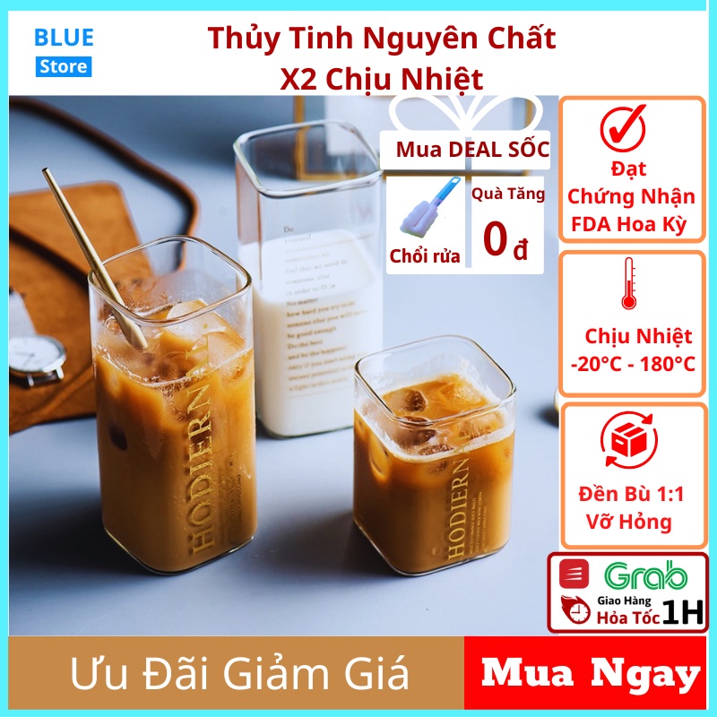 Ly thủy tinh uống nước vuông, Cốc thủy tinh cao cấp chịu nhiệt pha trà, cafe, trà sữa-BlueStore
