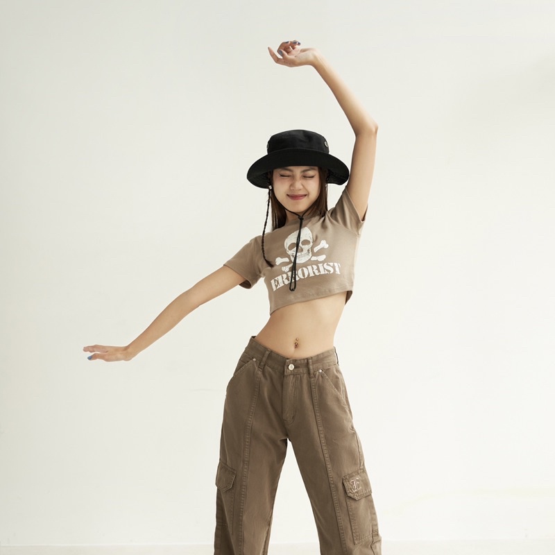 Áo ERRORIST skull croptop xanh / nâu