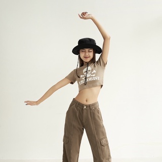 Áo ERRORIST Skull Croptop in sọc đầu lâu xanh/nâu cá tính