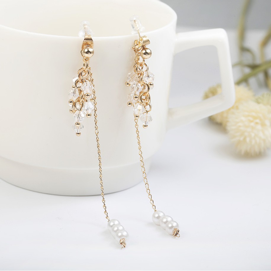 Khuyên Tai Nữ Dài Chuỗi Cườm Trong Suốt Bông Tai Ngọc Dài
