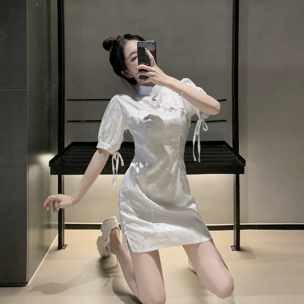 Đầm dáng ôm tay ngắn mini cổ tàu sườn xám Emilyshop
