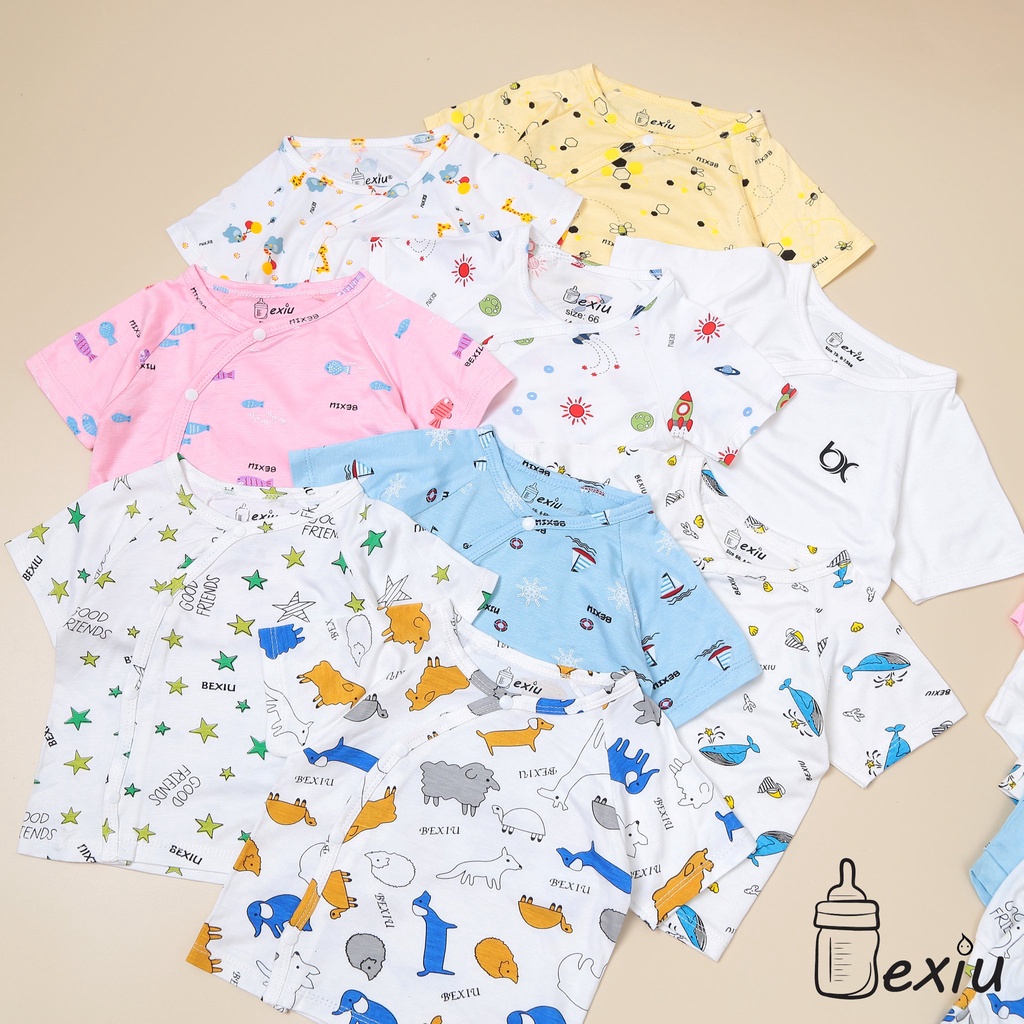 [Bé 3-9kg] Áo cài lệch sơ sinh ngắn tay in toàn thân Bexiu Bé xíu cho bé trai, bé gái từ 3-9kg