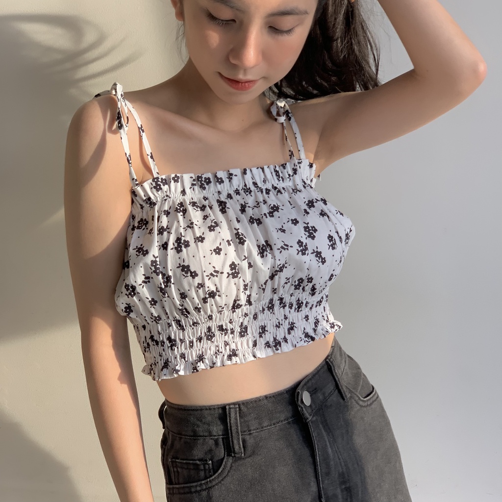 Áo hai dây nữ dáng ngắn nơ vai vải hoa mềm siêu xinh TKA330 LOLLIE STUDIO