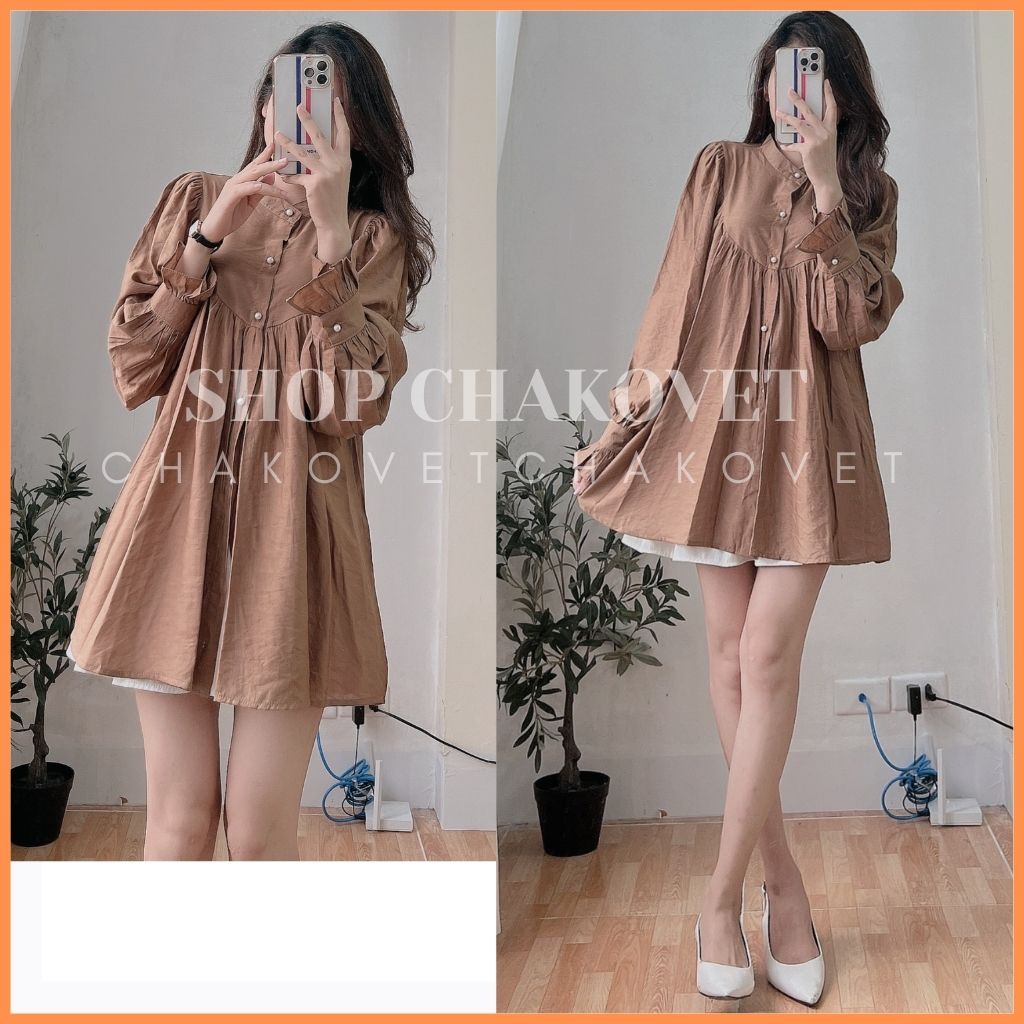 Áo sơ mi nữ dài tay oversize A8206 Thiết kế kiểu cổ tròn tay phồng dáng babydoll