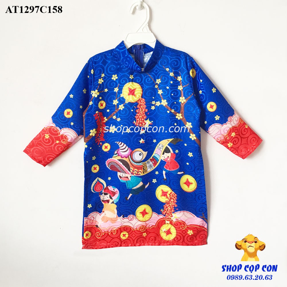 Áo dài bé trai hình múa lân màu xanh bích