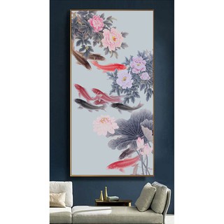 Tranh Treo Tường Canvas hoa mẫu đơn và cá chép 40 x 80 cm TTT-0269