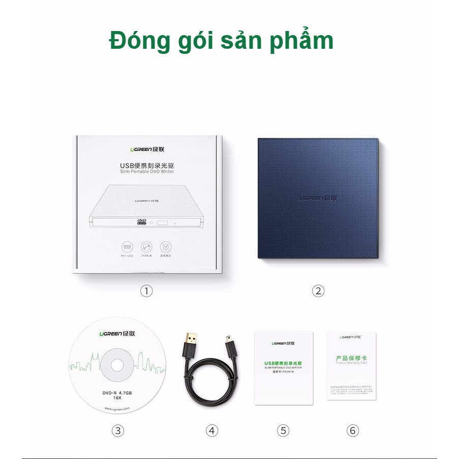 [Mã ELMALL300K giảm 5% đơn 500K] Ổ đĩa quang DVD-RW Slim gắn ngoài hỗ trợ cổng USB 2.0 UGREEN CM138 40576