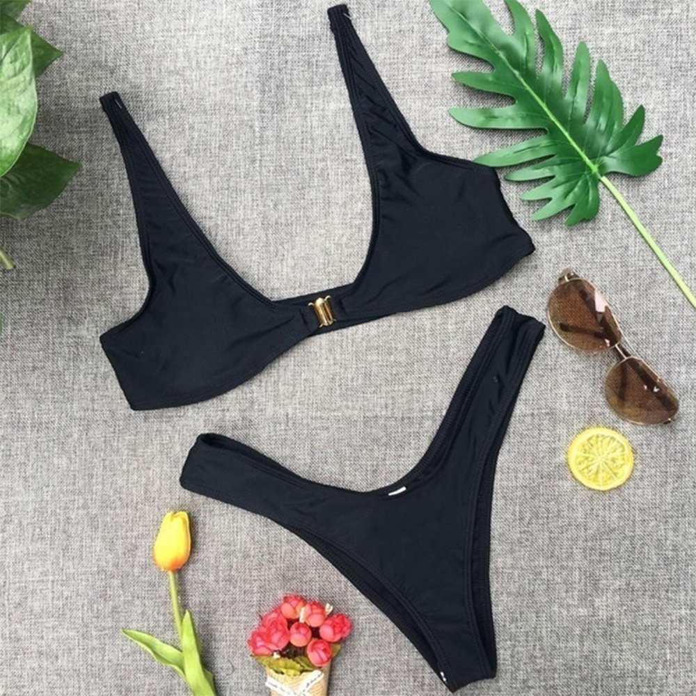 Bộ đồ tắm bikini nâng ngực với quần lót lọt khe chữ V lưng thấp màu trơn phong cách Brazil thời trang mùa hè cho nữ