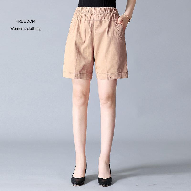 freedom > Quần short nữ trung niên, đồ mặc ngoài của phụ nữ, mùa hè mẹ, cotton size cộng, âu ống rộng cạp cao cho người