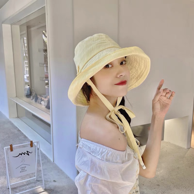 Mũ vành rộng, mũ đi biển cột dây che nắng phong cách Nhật Hàn