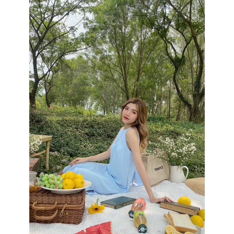 Đầm midi xanh cột nơ lưng