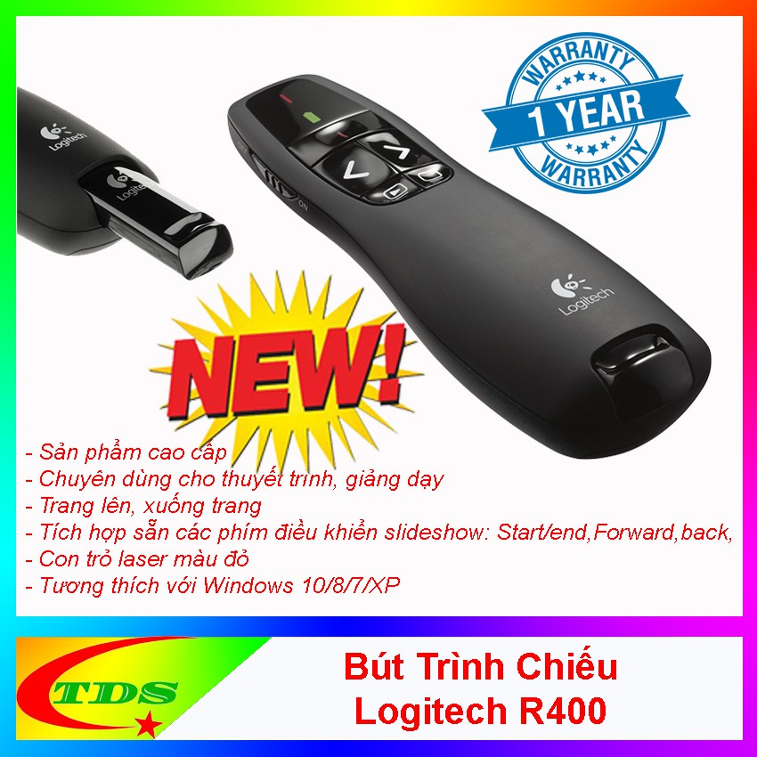 Bút Trình Chiếu Logitech R400 Wireless Presentation Remote với Laser Pulum, Phạm vi lên đến 50 feet (15 mét) TDS Store