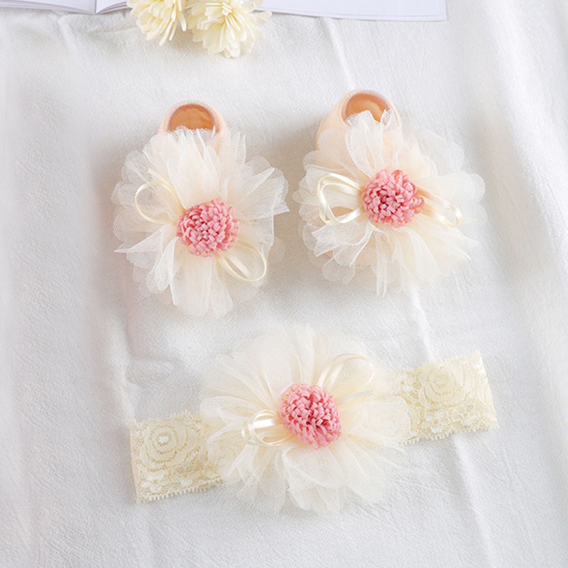 Set 2 Món Băng Đô + Vớ Chống Trượt + Băng Đô Vải Ren Chụp Ảnh Cho Bé