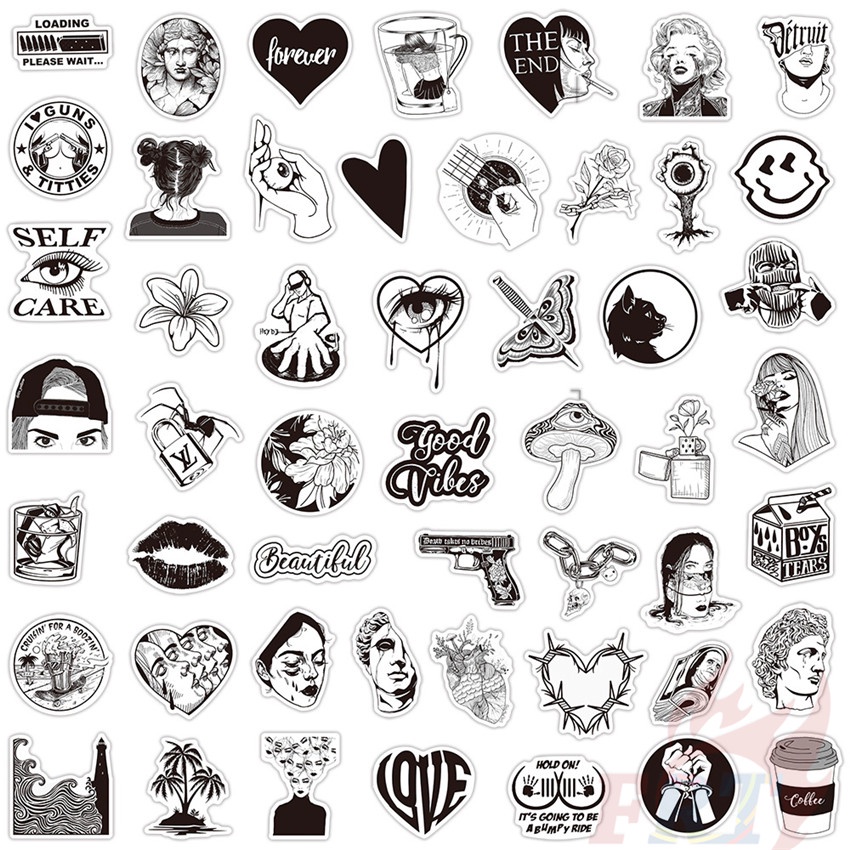 ❉ Bộ 01 Sticker Dán Trang Trí Hình Nghệ Thuật Màu Trắng Đen Kiểu Cổ Điển ❉ Set 50 Sticker Họa Tiết Doodle Thời Trang Dùng Để Trang Trí Ván Trượt / Laptop / Vali