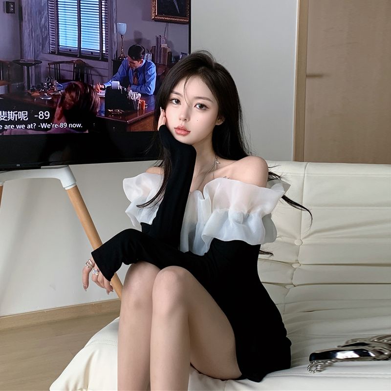 Đầm Trễ Vai Tay Dài Phối Bèo Phong Cách Phương Tây Thời Trang Cao Cấp Cho Nữ