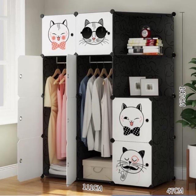 TỦ NHỰA GHÉP-  TỦ QUẦN ÁO 12 Ô ( 10 Ô TO + 2 KỆ GÓC ĐỂ ĐỒ SÂU 47cm( thân đen cửa lông vũ trắng). Tặng 2 treo đồ.