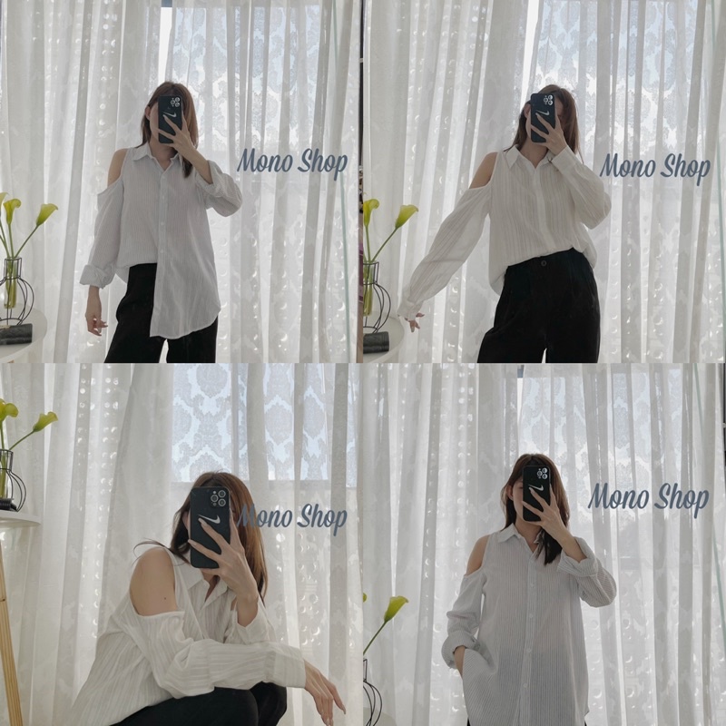 [Mã SKAMLTSM9 giảm 10% đơn 99K] áo sơ mi hở vai dài tay, áo hở vai dài tay sọc cổ đức (ảnh thật/sẵn)