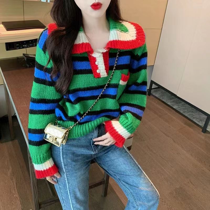 Áo Sweater Cổ Búp Bê Họa Tiết Kẻ Sọc Màu Sắc Tương Phản Thời Trang Cho Nữ  tao bao