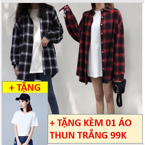 COMBO ÁO KHOÁC SƠ MI CARO UNISEX KHÔNG NÓN TẶNG ÁO THUN TRẮNG THEO SIZE