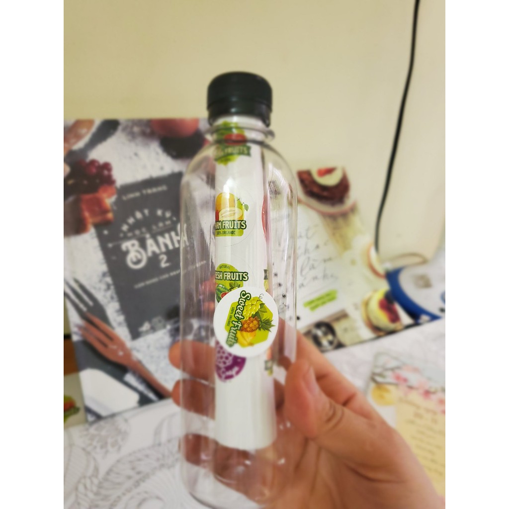 Combo 50 chai nhựa pet tròn 330ml kèm nắp và 12 sticker hình hoa quả