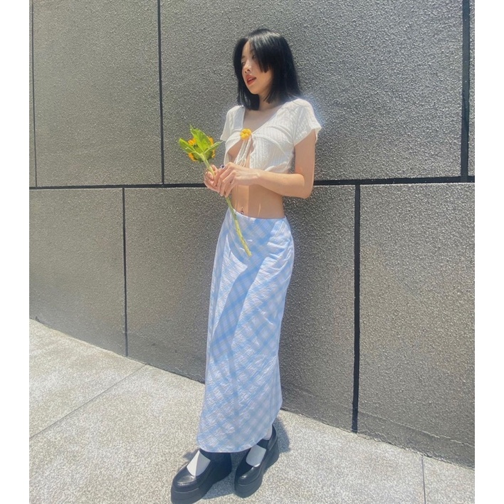 CHEERS - Chân váy dài caro vintage, 2 lớp, lót lụa