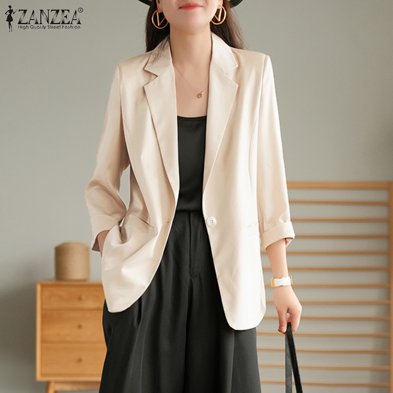 Áo khoác blazer ZANZEA bằng satin tay dài cổ lật xuống có nút gài thời trang công sở cho nữ
