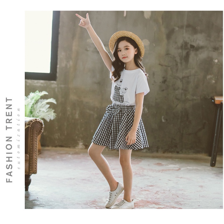 Set Áo Thun Tay Ngắn &amp; Quần Short Caro Phong Cách Hàn Quốc Cho Bé Gái 3-14 Tuổi