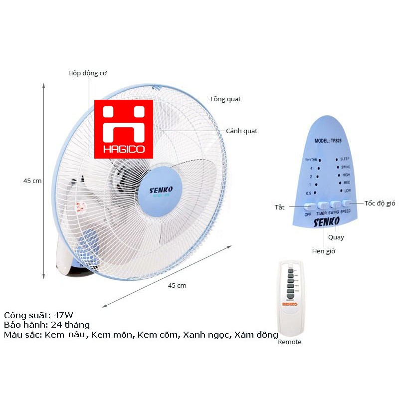 【Xác thực】 [Mã ELMS5 giảm 7% đơn 300K] Quạt treo tường điều khiển từ xa Senko TR1628 thay thế TR828