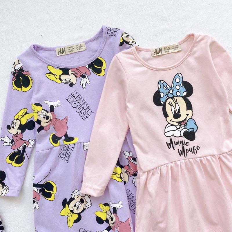Set 2 váy cotton dài tay hình minn.ie cho bé gái màu tím hồng cân nặng từ 12-32 cân