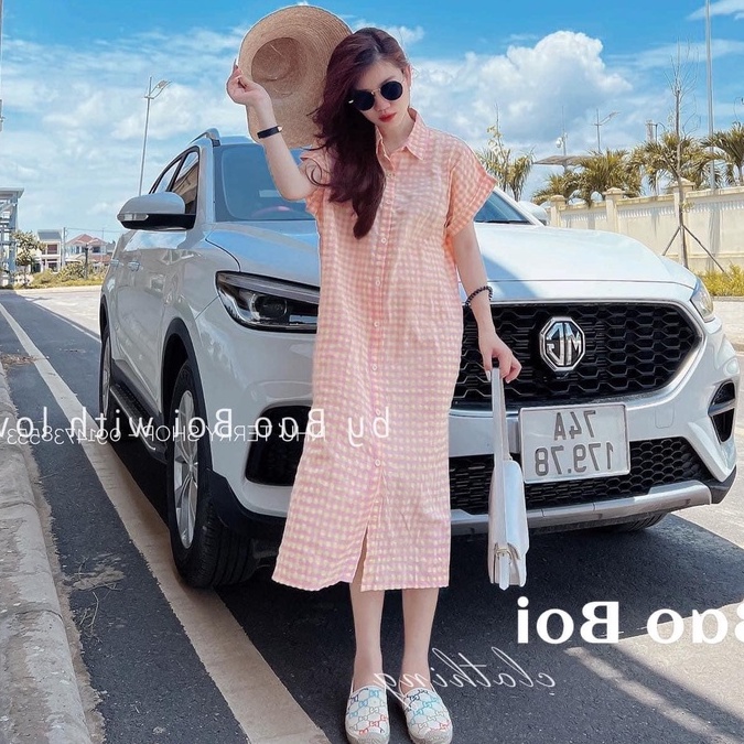 Đầm sơ mi nữ cổ cao họa tiết caro có túi chất voan lụa mềm mịn phong cách công sở