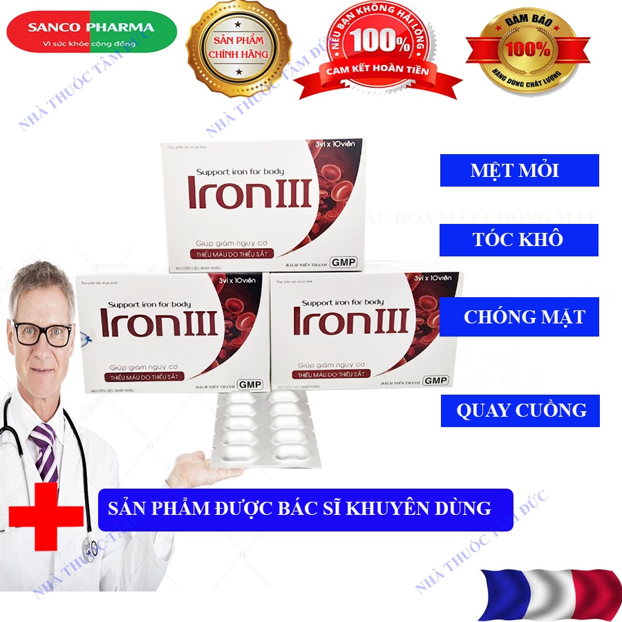 Viên bổ xung sắt IRON III,dùng cho trường hợp thiếu máu,phụ nữ mang thai, người mệt mỏi, hoa mắt, chóng mặt,da xanh xao.