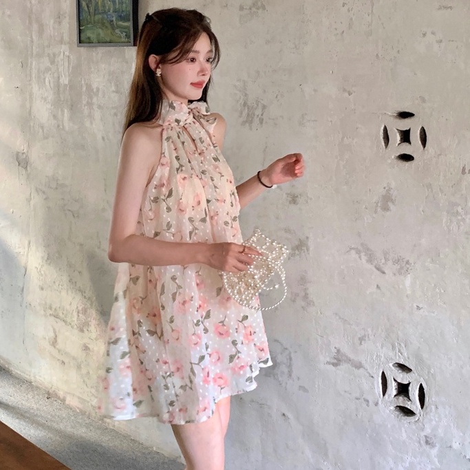 Đầm Chiffon Không Tay Cổ Yếm Dáng Rộng In Họa Tiết Hoa Thời Trang Mùa Hè Hàn Quốc Hàng Mới Quyến Rũ Cho Nữ